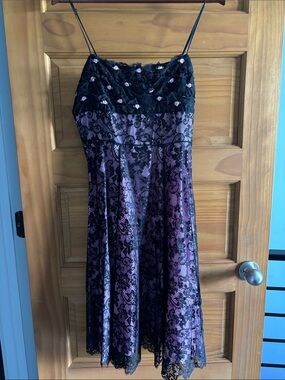 Betsy Johnson Pink and Black  Lace Overlay Slip Dress